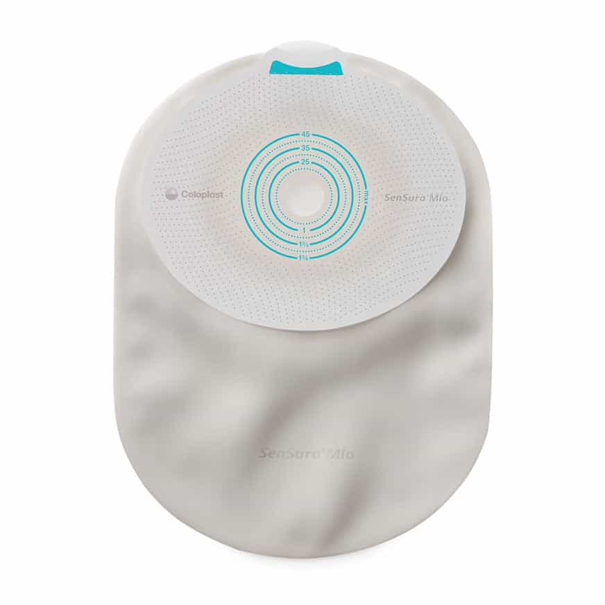 COL 10871 SenSura® Mio one-piece closed ostomy pouch in neutral grey, featuring elastic adhesive for body-adaptive fit and full-circle filter for reduced ballooning, available in Canada.