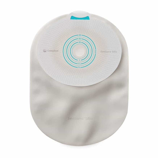 SenSura Mio one-piece closed ostomy pouch in neutral grey with elastic adhesive and full-circle filter, featuring an inspection window.